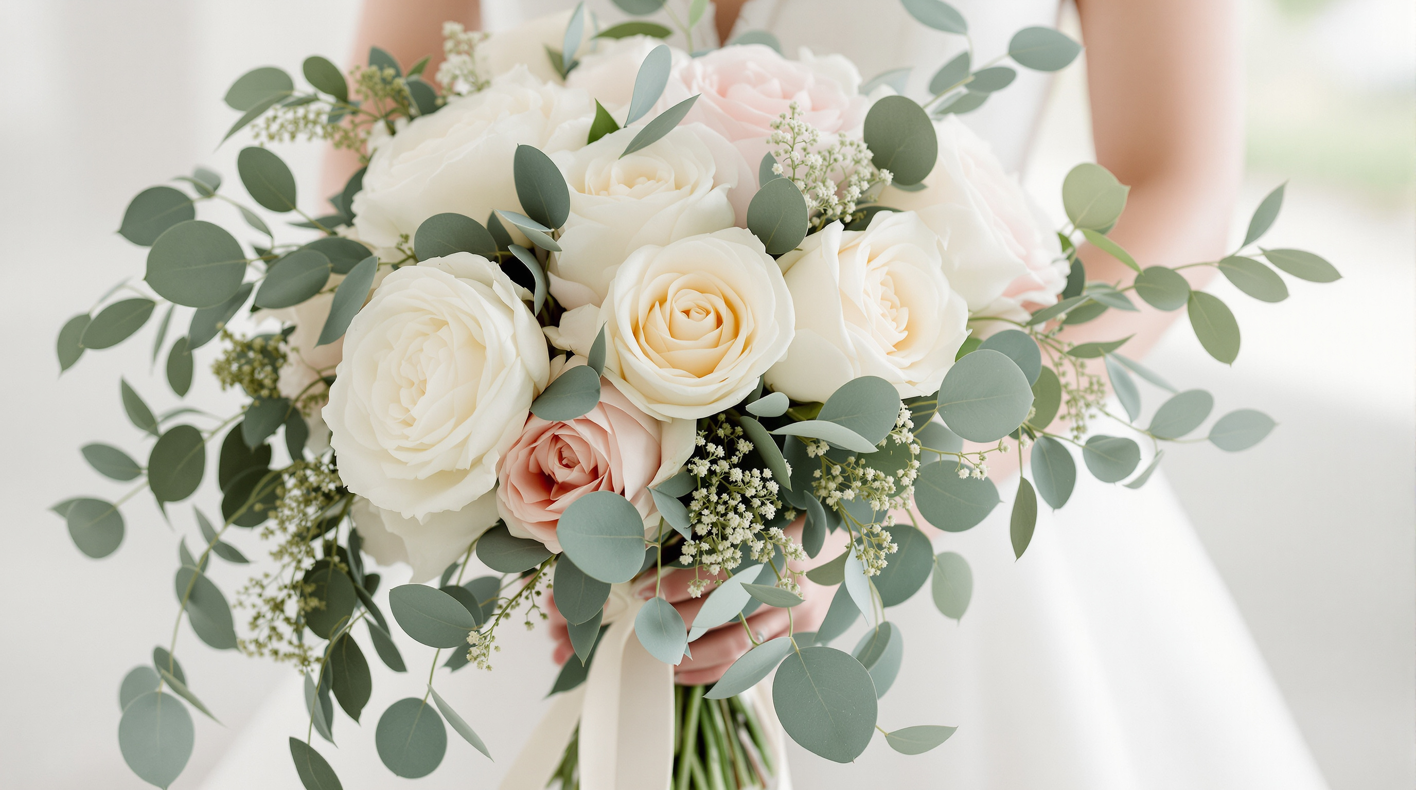 Stunning bridal bouquet with white and blush garden roses and peonies