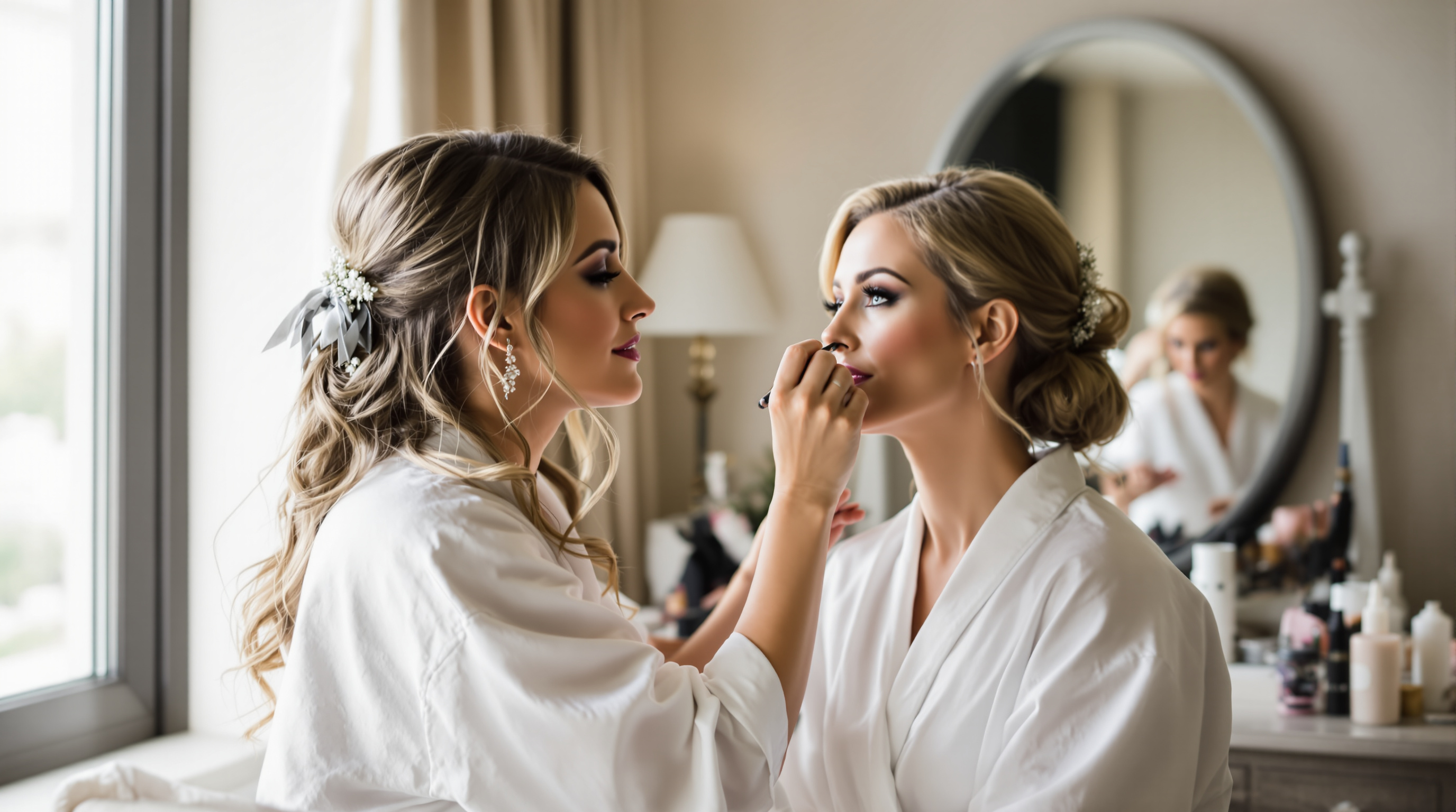 Professional makeup artist applying bridal makeup in natural light