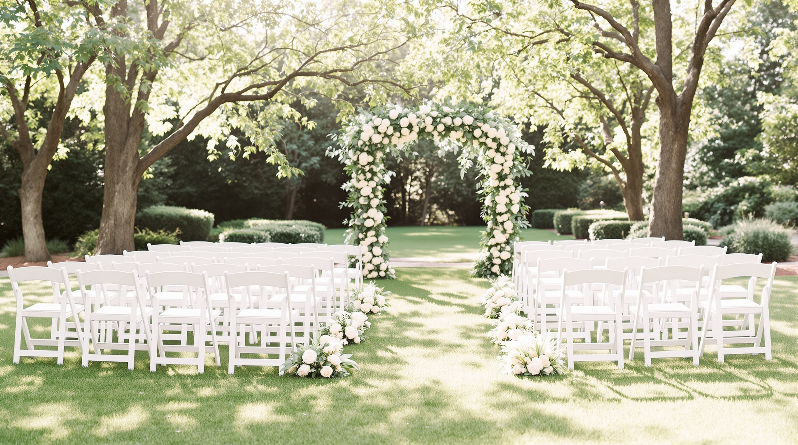 Romantic outdoor garden wedding ceremony with floral arch