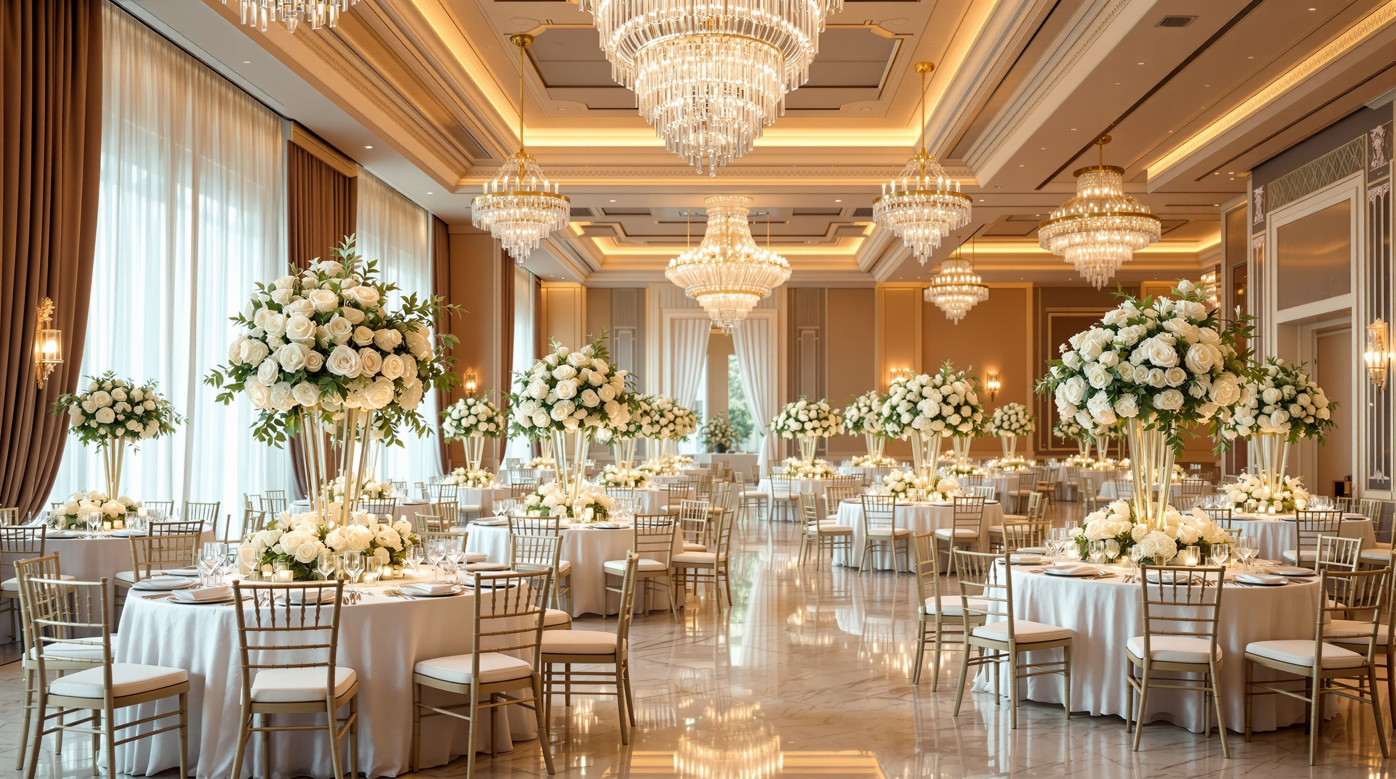Elegant luxury wedding reception venue with crystal chandeliers and floral arrangements