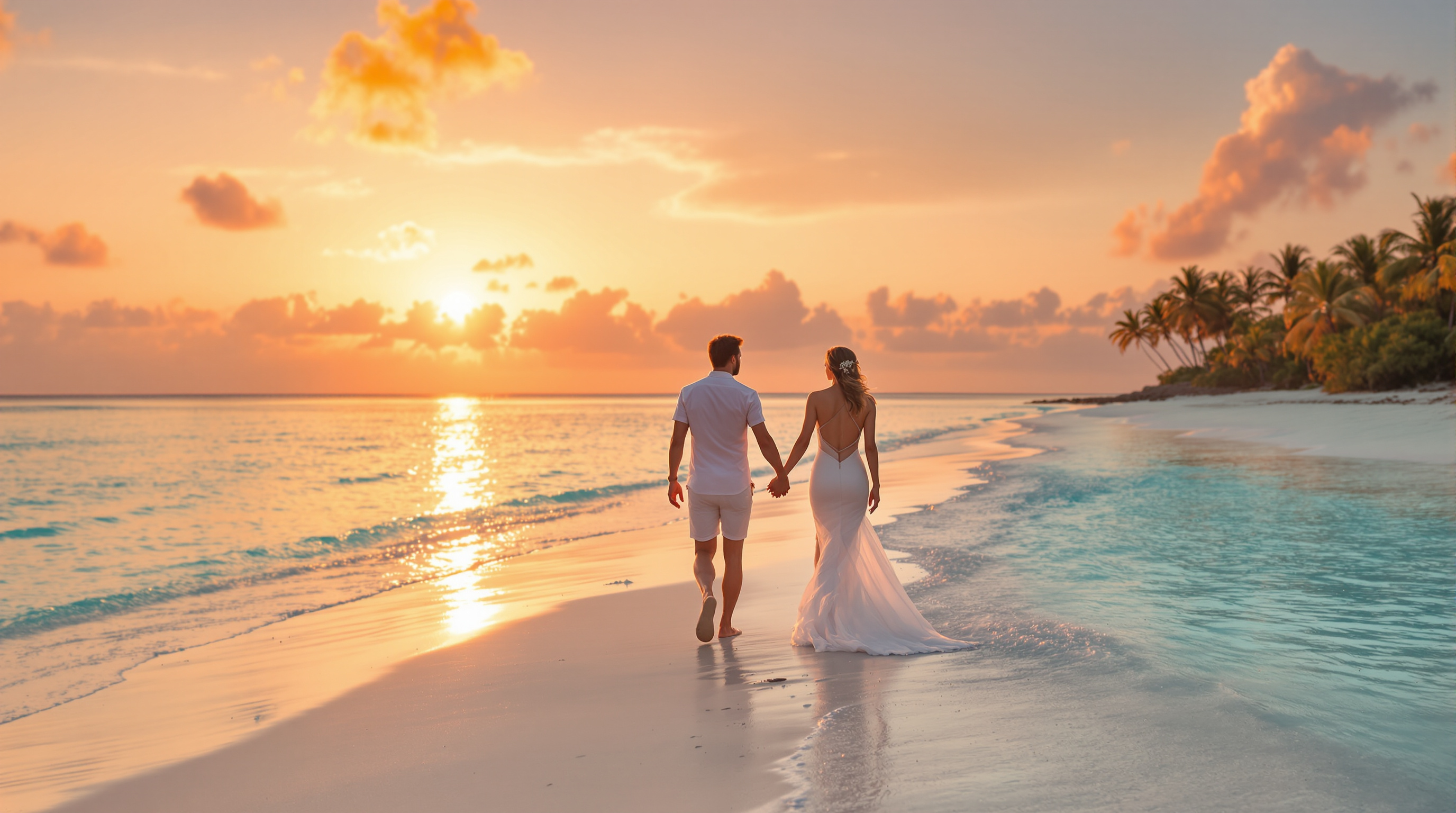 Romantic couple walking on tropical beach at sunset