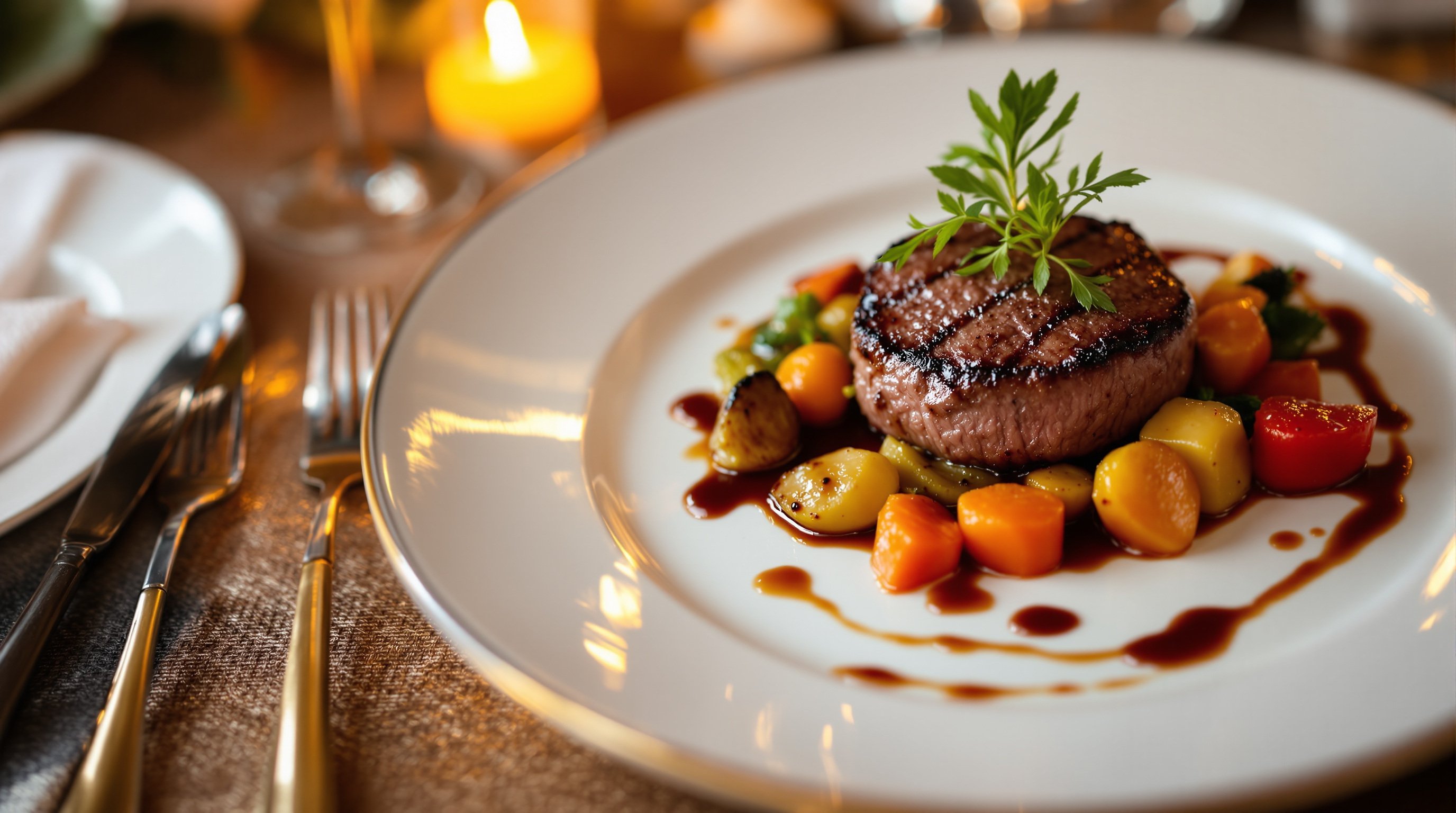 Elegant plated wedding dinner with seared filet and artistic presentation