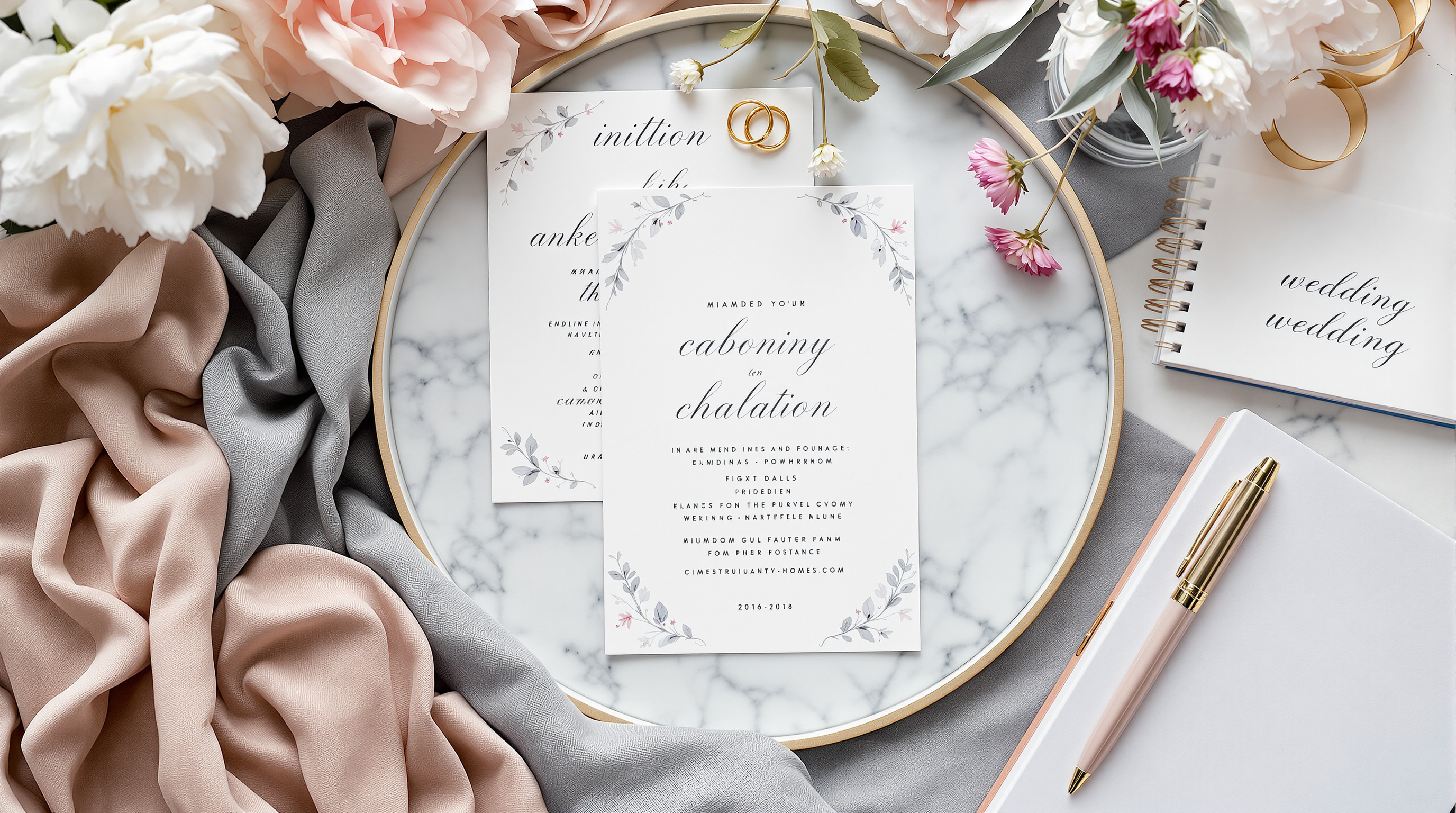 Wedding planning flat lay with invitations